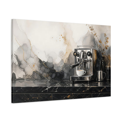 Main Mockup. Abstract Abstract Watercolor Black And Gold Abstract shown as stretched canvas wall art