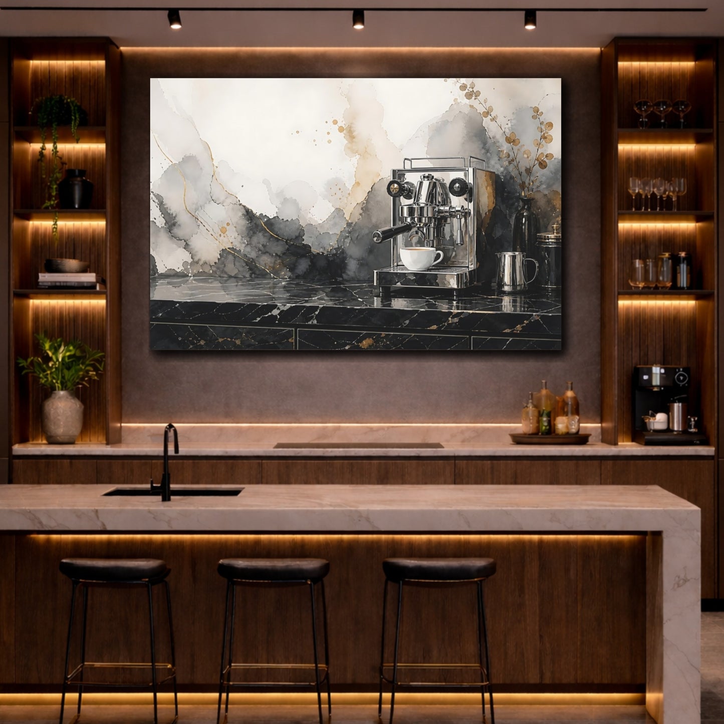 Mockup 2. Abstract Abstract Watercolor Black And Gold Abstract shown as stretched canvas wall art