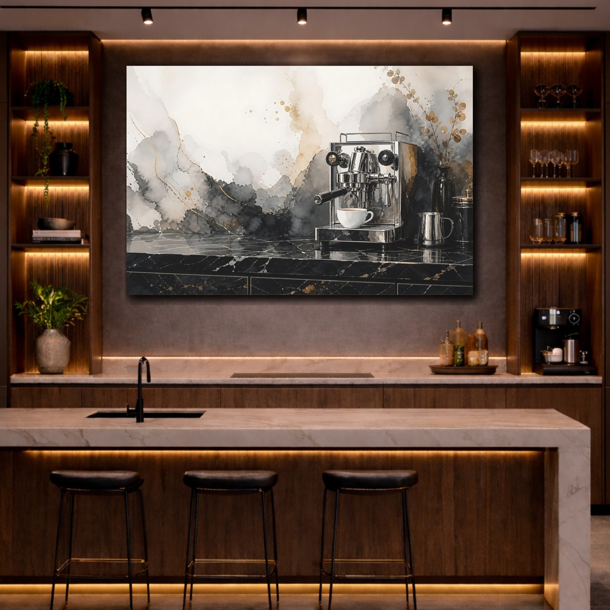 Mockup 2. Abstract Abstract Watercolor Black And Gold Abstract shown as stretched canvas wall art
