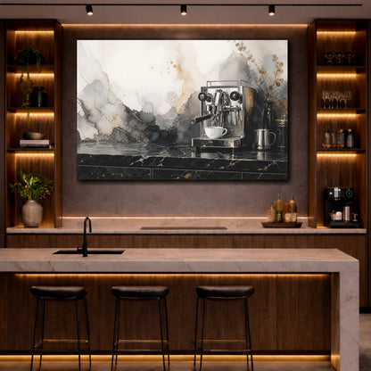Mockup 2. Abstract Abstract Watercolor Black And Gold Abstract shown as stretched canvas wall art