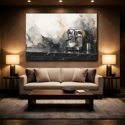 Mockup 3. Abstract Abstract Watercolor Black And Gold Abstract shown as stretched canvas wall art