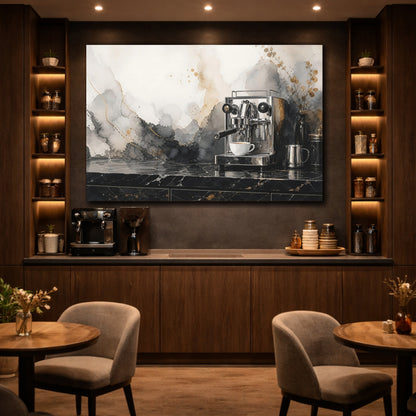 Mockup 4. Abstract Abstract Watercolor Black And Gold Abstract shown as stretched canvas wall art