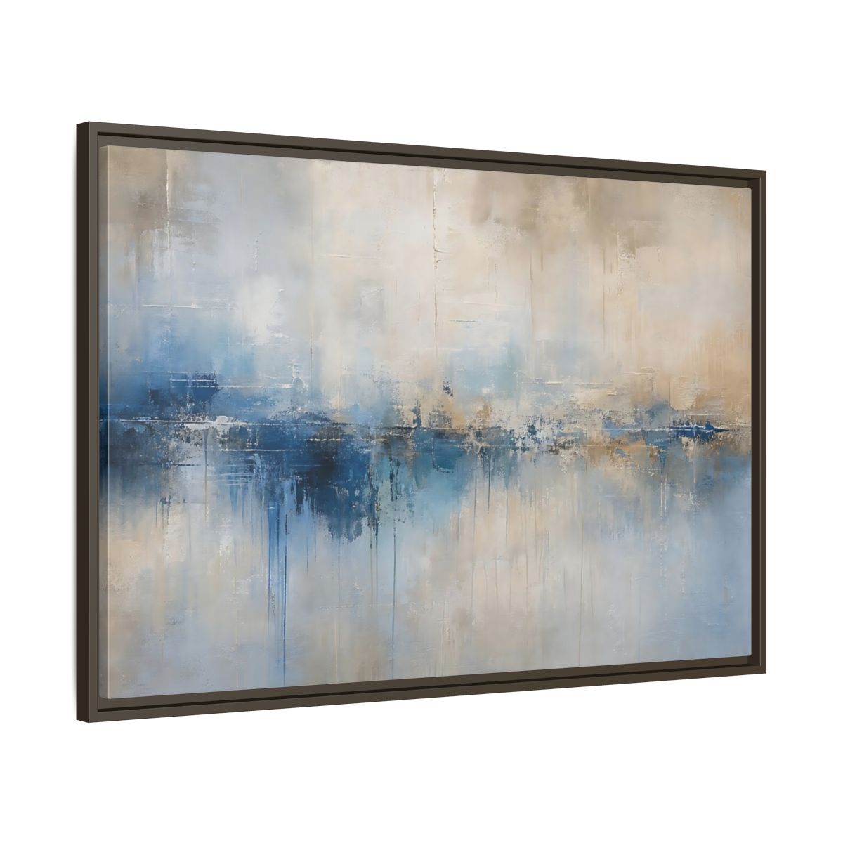 Main Mockup. Abstract Abstract Waterscape Blue And Beige Abstract shown as stretched canvas wall art