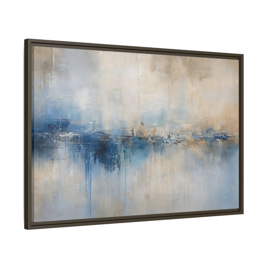 Main Mockup. Abstract Abstract Waterscape Blue And Beige Abstract shown as stretched canvas wall art