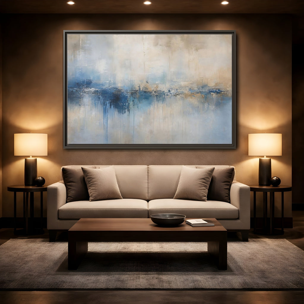 Mockup 2. Abstract Abstract Waterscape Blue And Beige Abstract shown as stretched canvas wall art