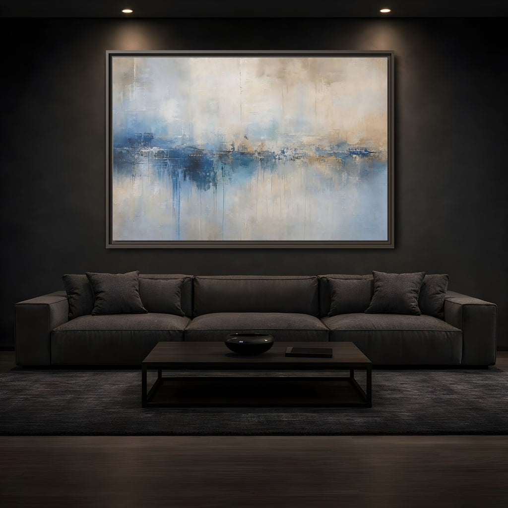 Mockup 3. Abstract Abstract Waterscape Blue And Beige Abstract shown as stretched canvas wall art