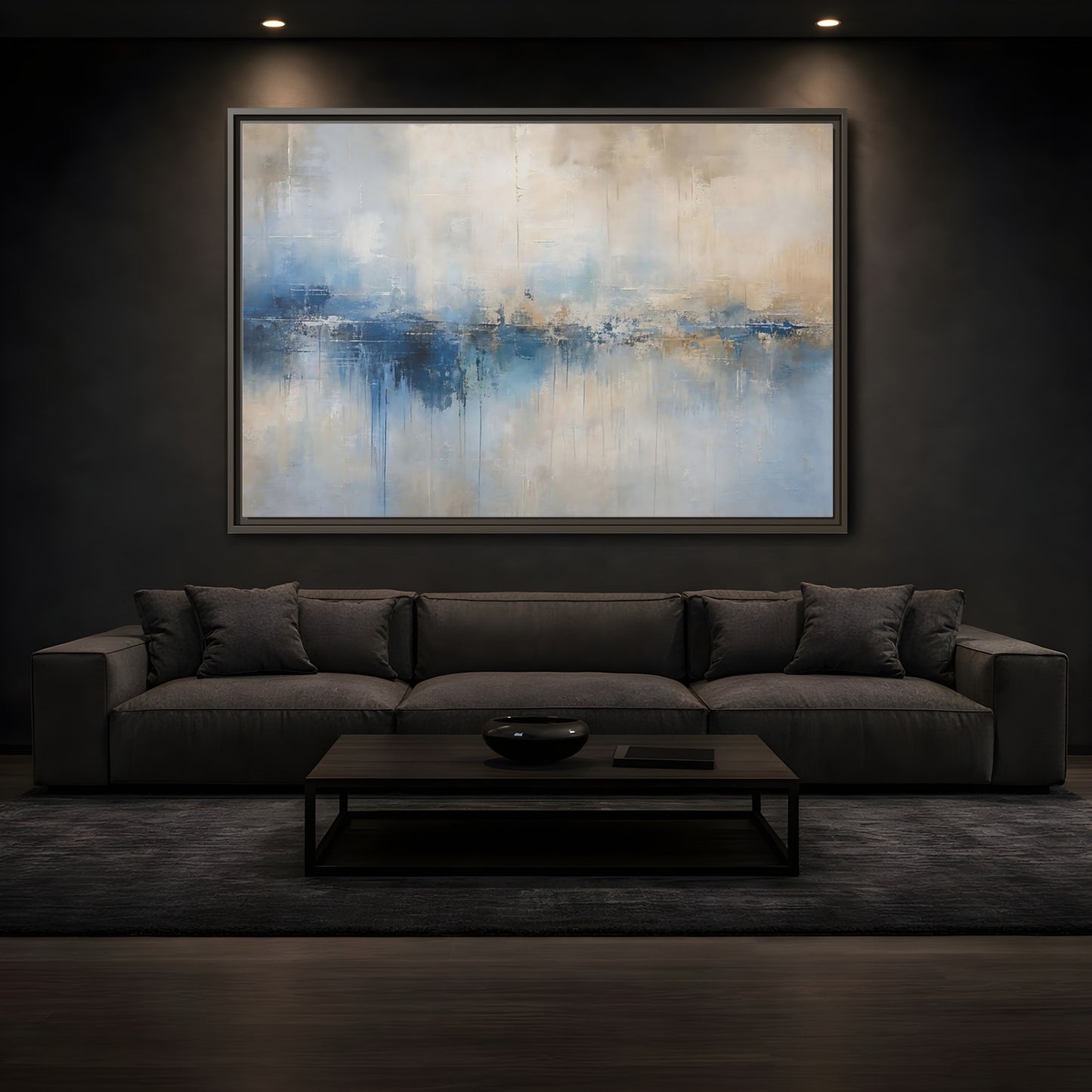 Mockup 3. Abstract Abstract Waterscape Blue And Beige Abstract shown as stretched canvas wall art