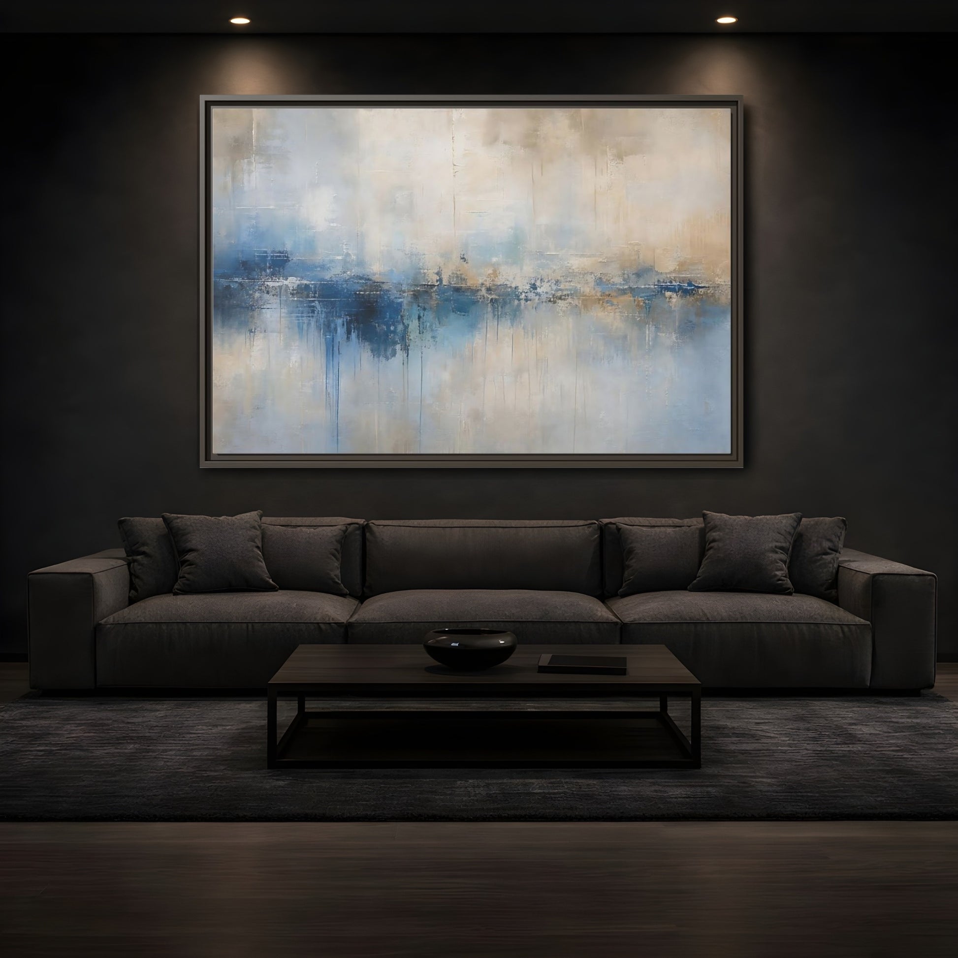 Mockup 3. Abstract Abstract Waterscape Blue And Beige Abstract shown as stretched canvas wall art