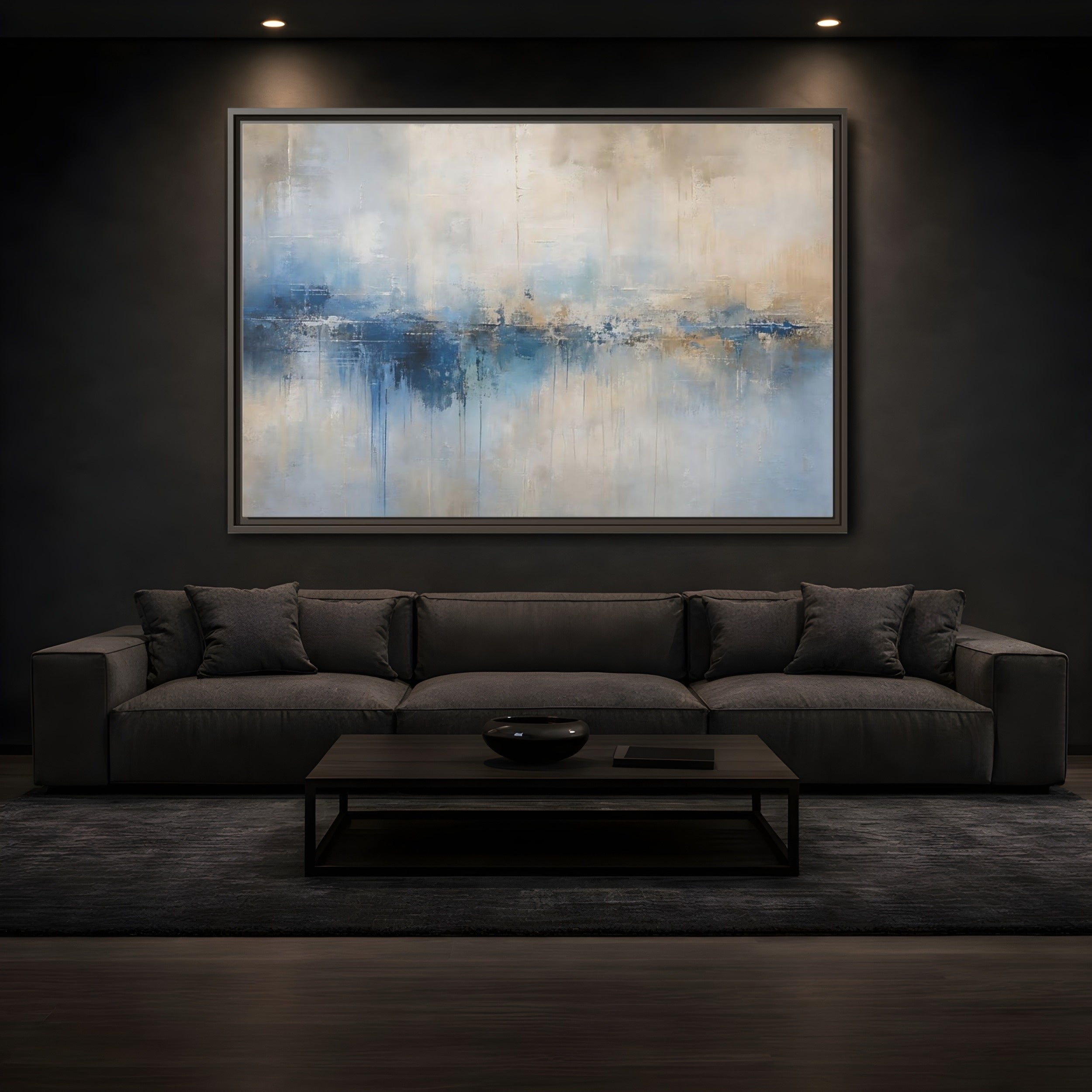 Mockup 3. Abstract Abstract Waterscape Blue And Beige Abstract shown as stretched canvas wall art