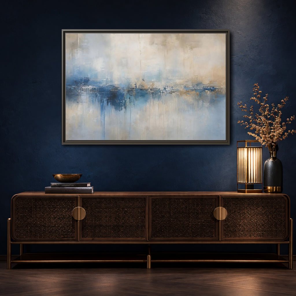 Mockup 4. Abstract Abstract Waterscape Blue And Beige Abstract shown as stretched canvas wall art