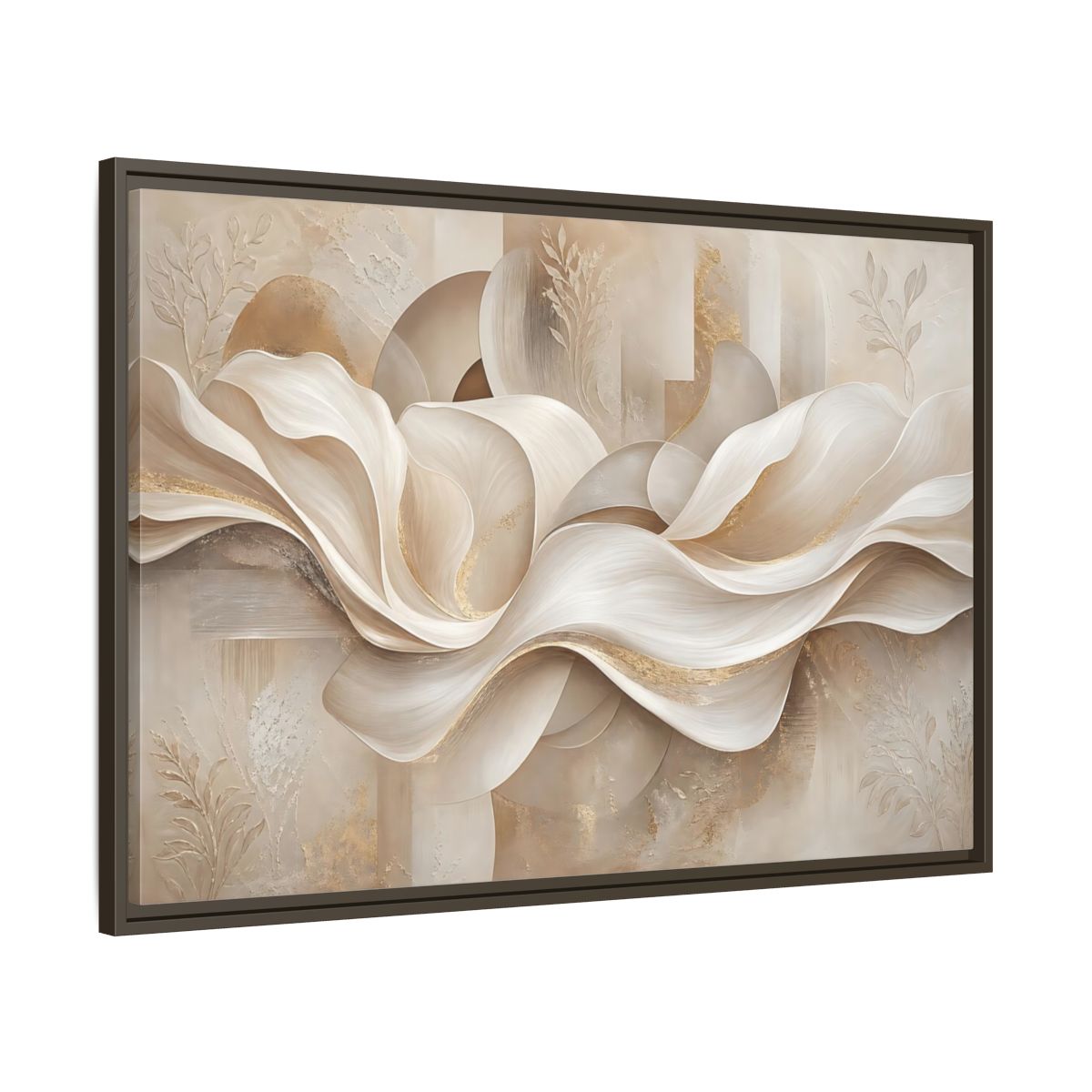 Main Mockup. Abstract Abstract Waves Beige Gold Abstract shown as stretched canvas wall art