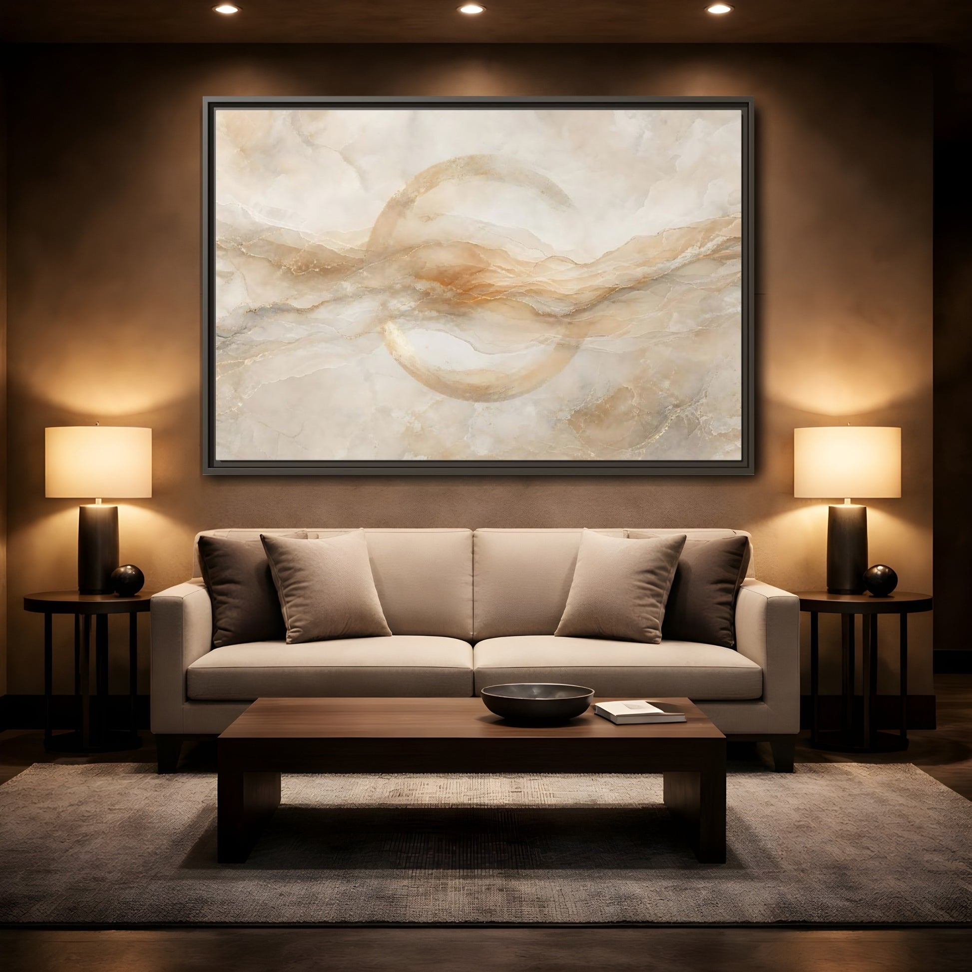 Mockup 2. Abstract Abstract Waves Beige Gold Abstract shown as stretched canvas wall art