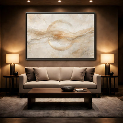 Mockup 2. Abstract Abstract Waves Beige Gold Abstract shown as stretched canvas wall art