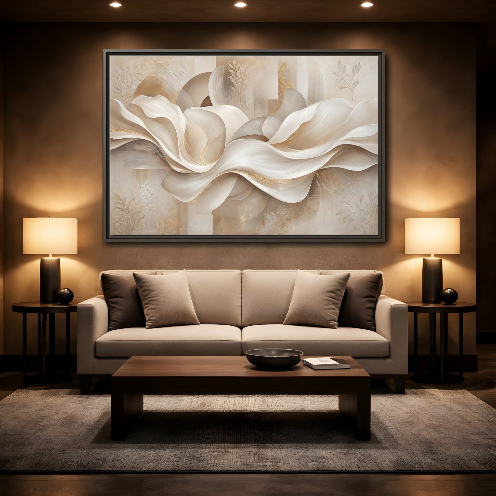 Mockup 2. Abstract Abstract Waves Beige Gold Abstract shown as stretched canvas wall art