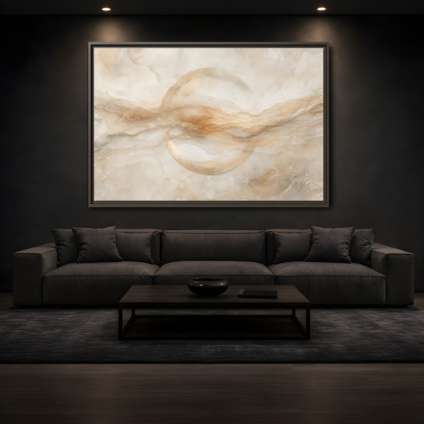 Mockup 3. Abstract Abstract Waves Beige Gold Abstract shown as stretched canvas wall art