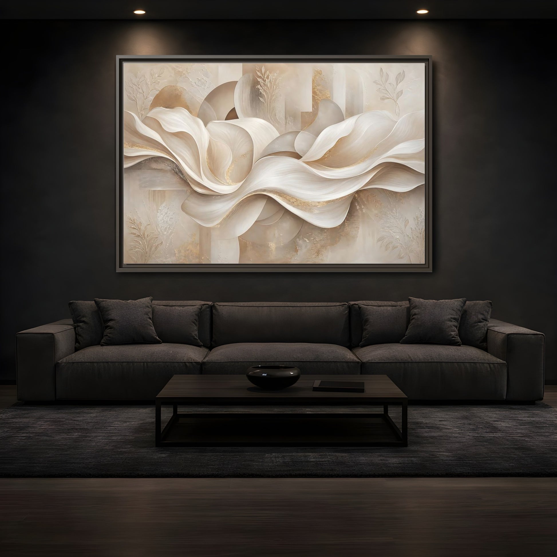 Mockup 3. Abstract Abstract Waves Beige Gold Abstract shown as stretched canvas wall art