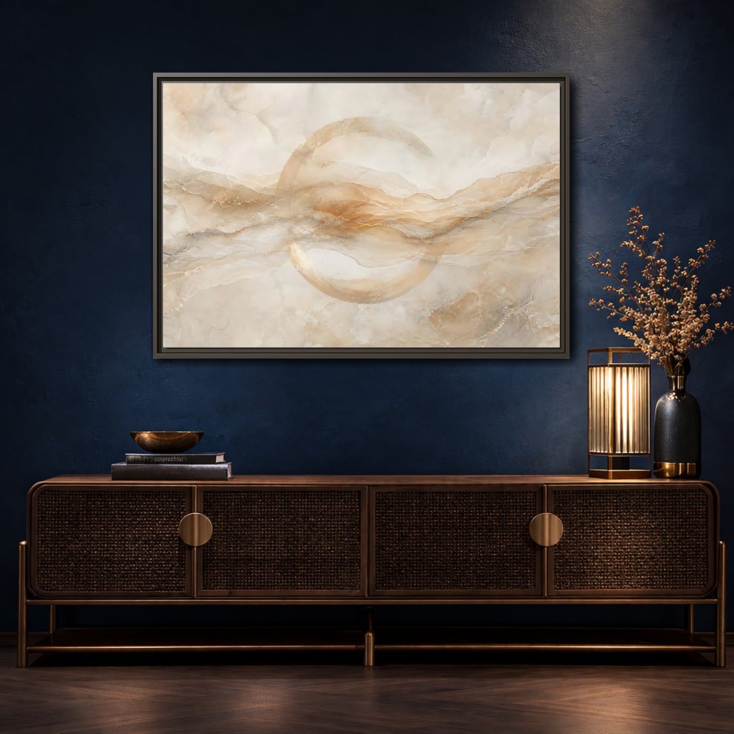 Mockup 4. Abstract Abstract Waves Beige Gold Abstract shown as stretched canvas wall art