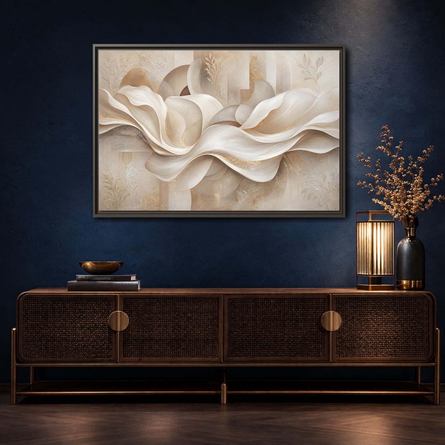 Mockup 4. Abstract Abstract Waves Beige Gold Abstract shown as stretched canvas wall art