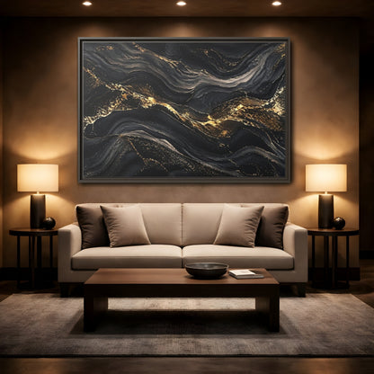 Mockup 2. Abstract Abstract Waves Black And Gold shown as stretched canvas wall art
