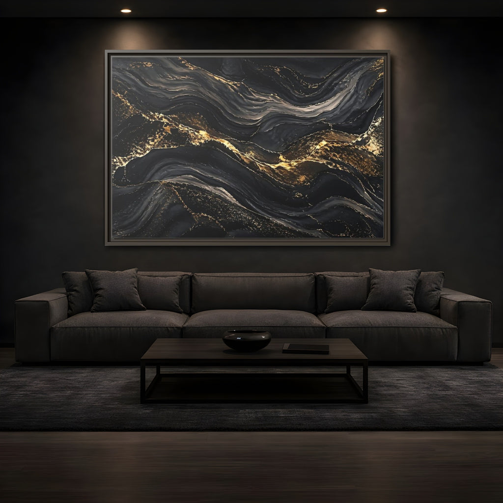 Mockup 3. Abstract Abstract Waves Black And Gold shown as stretched canvas wall art