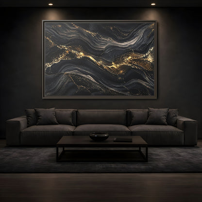 Mockup 3. Abstract Abstract Waves Black And Gold shown as stretched canvas wall art