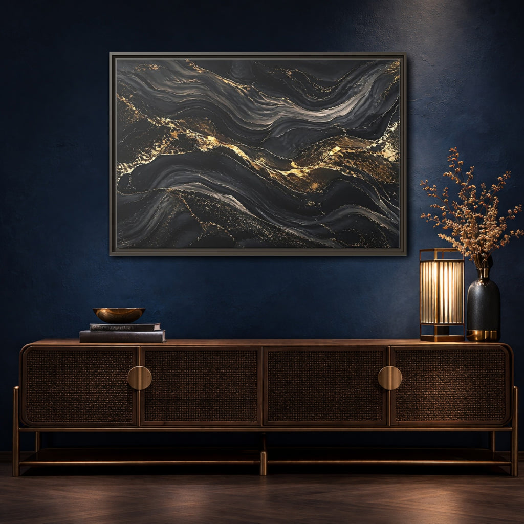 Mockup 4. Abstract Abstract Waves Black And Gold shown as stretched canvas wall art