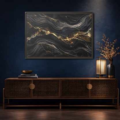 Mockup 4. Abstract Abstract Waves Black And Gold shown as stretched canvas wall art