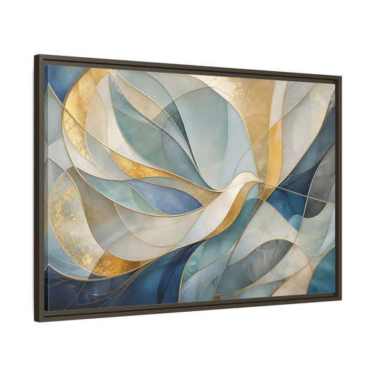 Main Mockup. Abstract Abstract Waves Blue And Gold shown as stretched canvas wall art