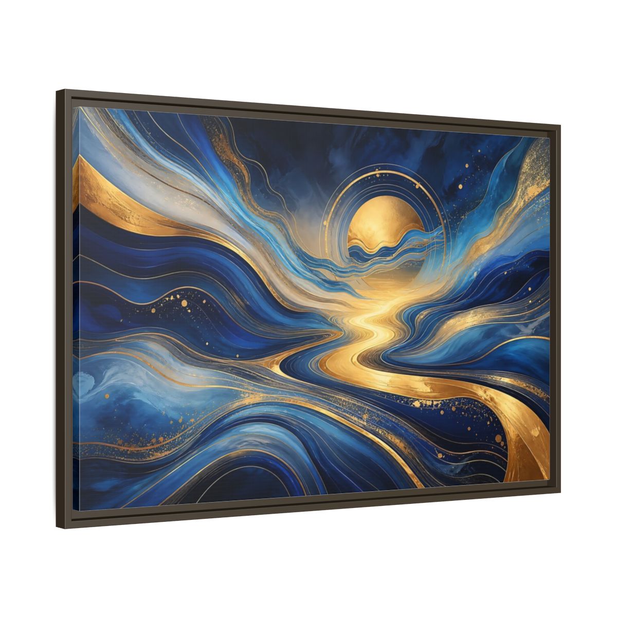 Main Mockup. Abstract Abstract Waves Blue And Gold shown as stretched canvas wall art
