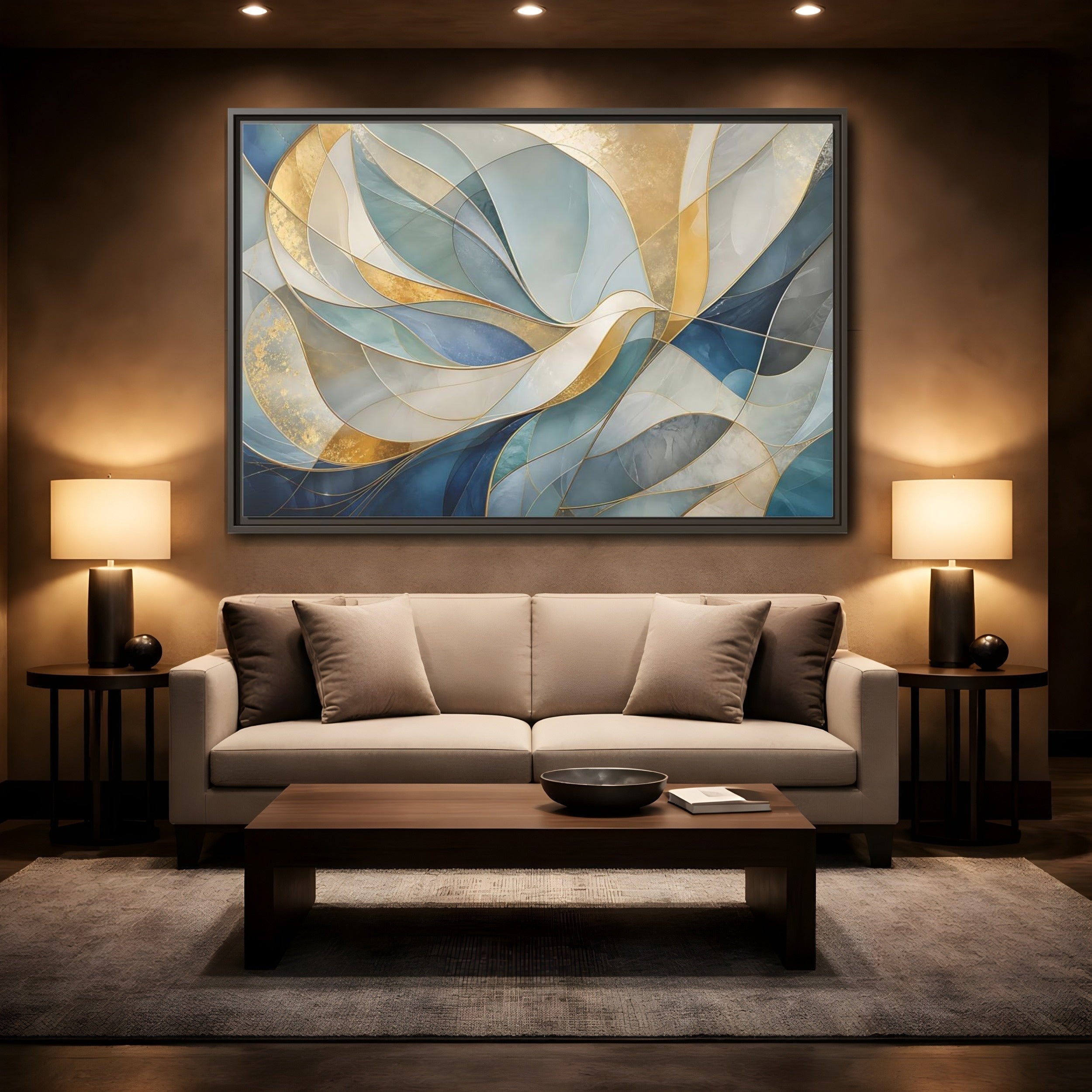Mockup 2. Abstract Abstract Waves Blue And Gold shown as stretched canvas wall art