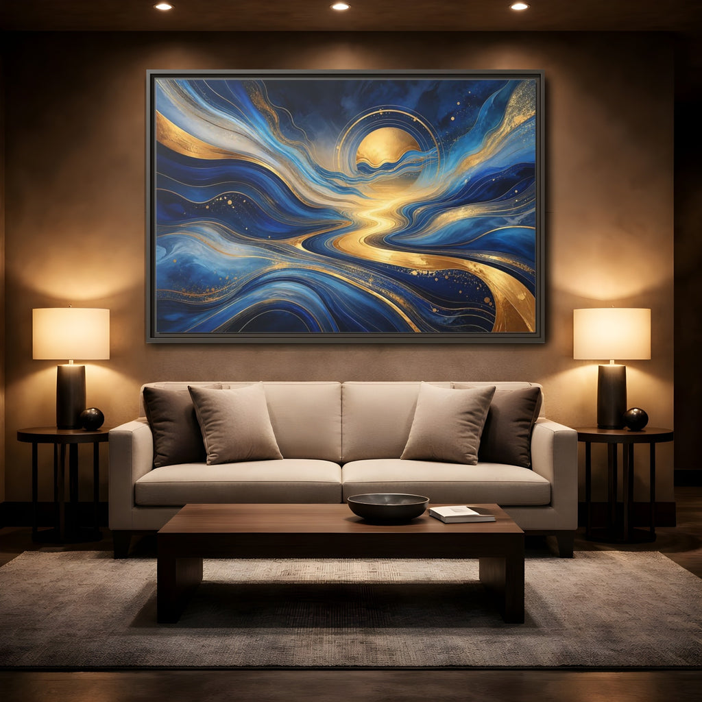 Mockup 2. Abstract Abstract Waves Blue And Gold shown as stretched canvas wall art