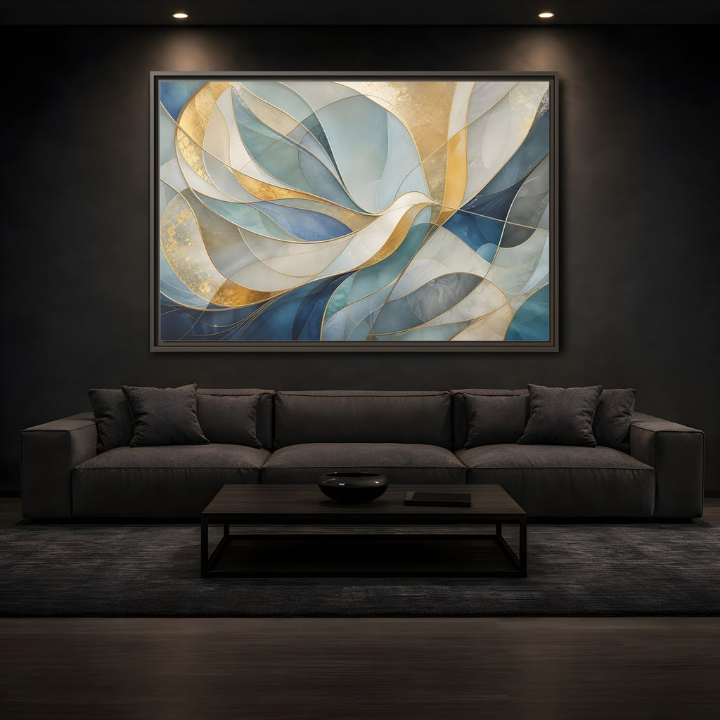 Mockup 3. Abstract Abstract Waves Blue And Gold shown as stretched canvas wall art
