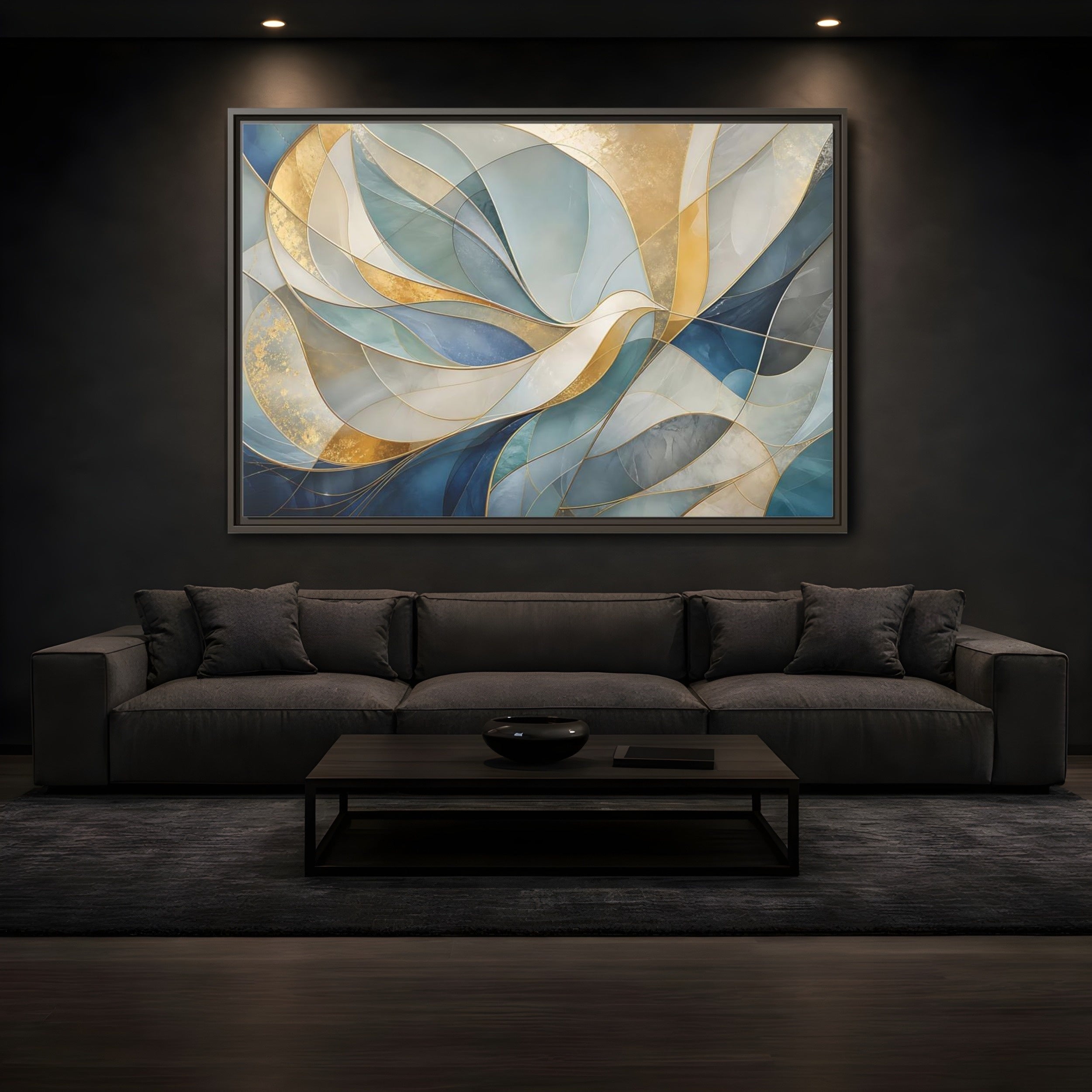 Mockup 3. Abstract Abstract Waves Blue And Gold shown as stretched canvas wall art