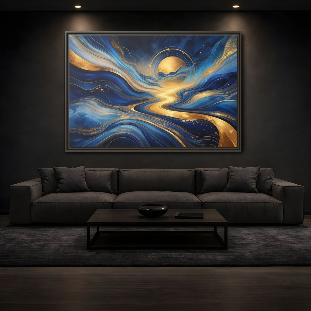 Mockup 3. Abstract Abstract Waves Blue And Gold shown as stretched canvas wall art