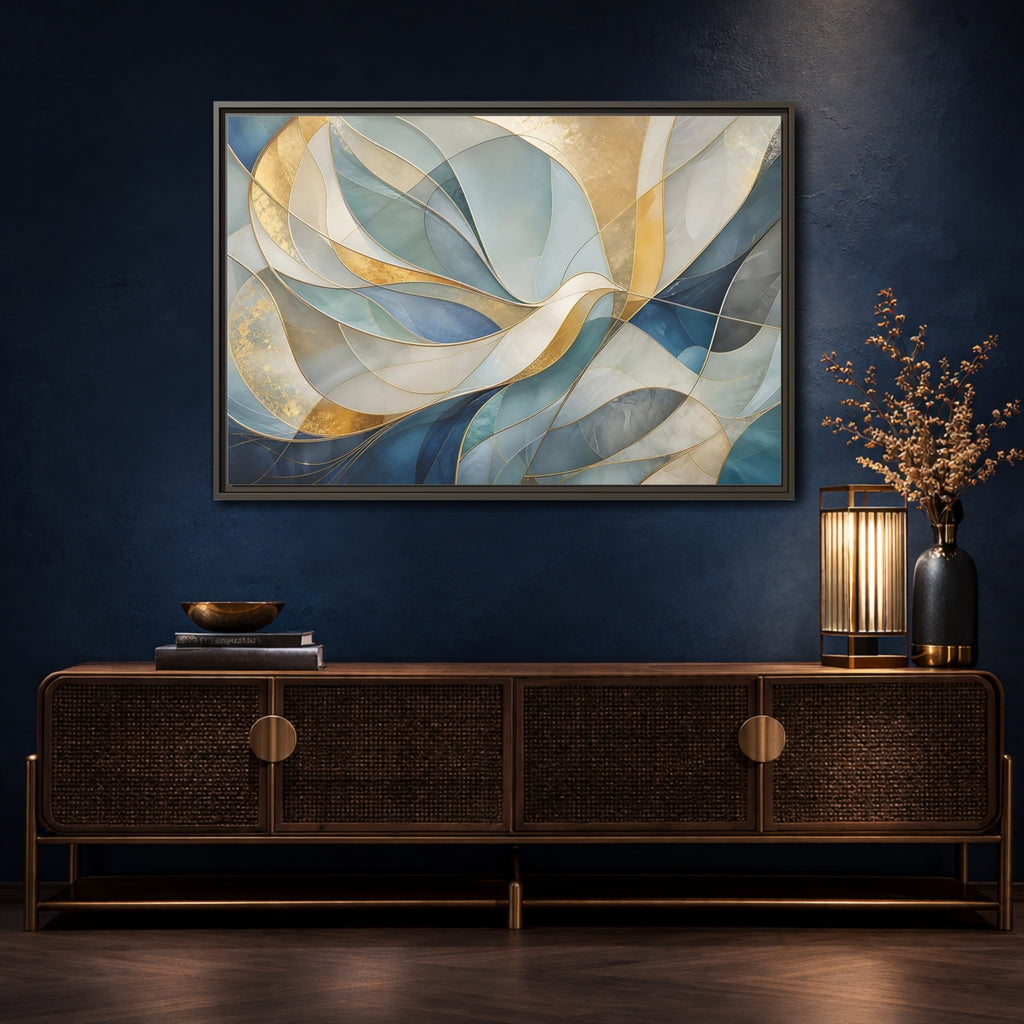 Mockup 4. Abstract Abstract Waves Blue And Gold shown as stretched canvas wall art