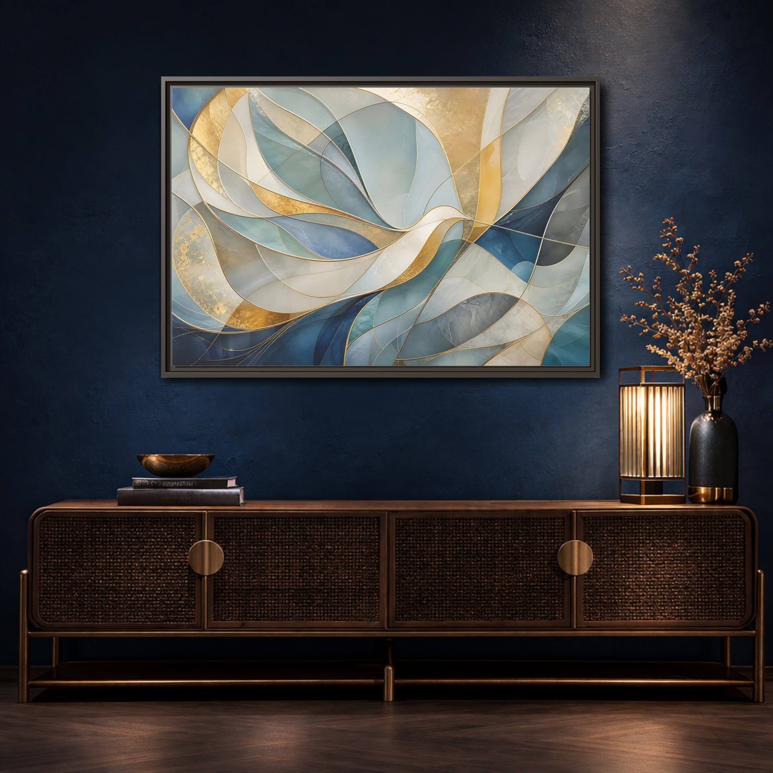Mockup 4. Abstract Abstract Waves Blue And Gold shown as stretched canvas wall art
