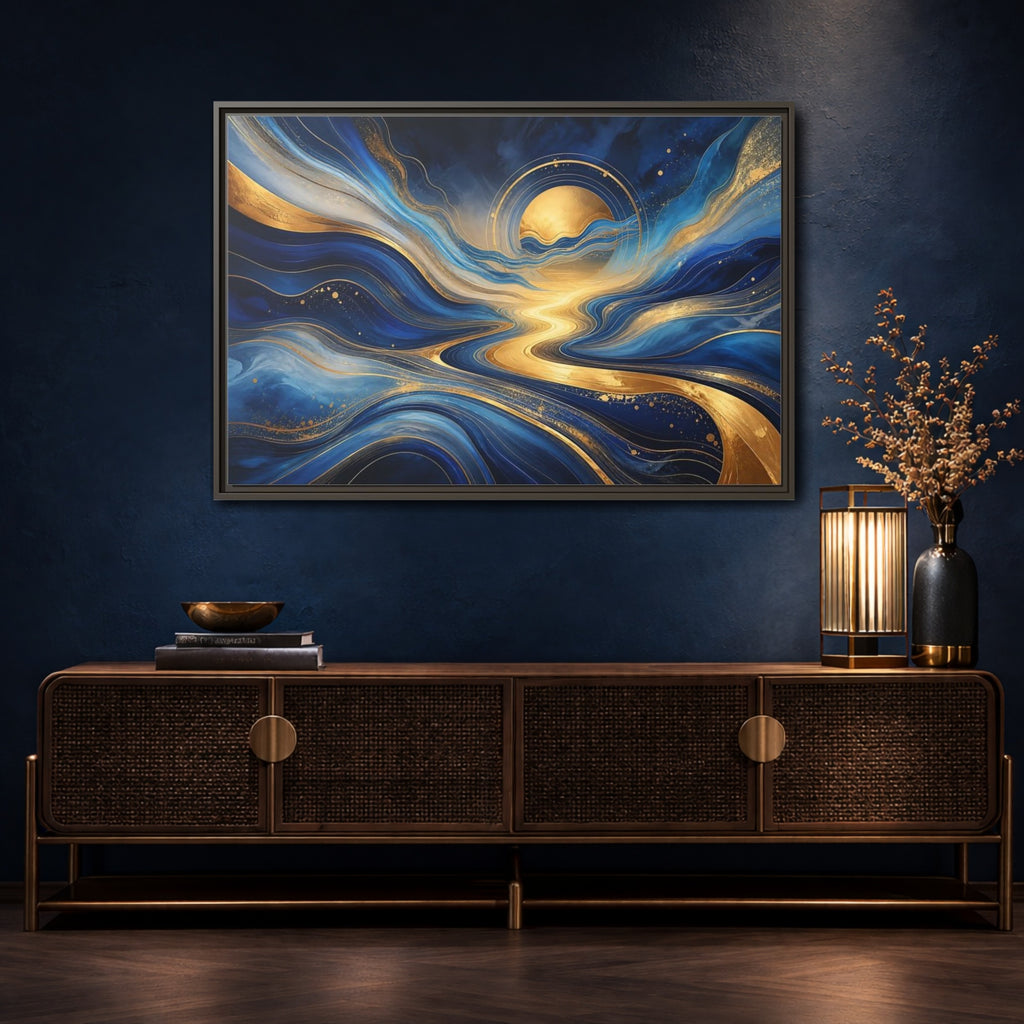 Mockup 4. Abstract Abstract Waves Blue And Gold shown as stretched canvas wall art