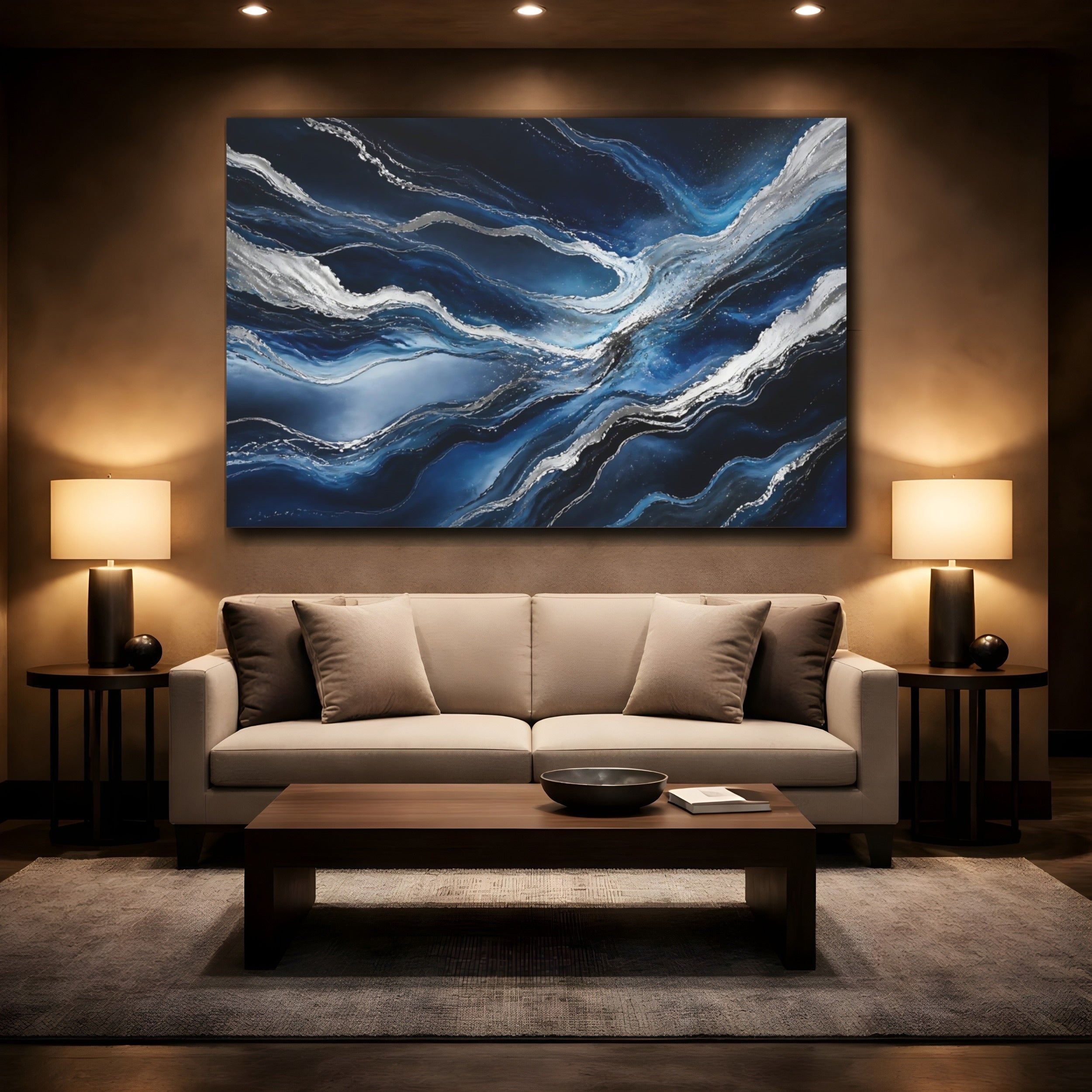 Mockup 2. Abstract Abstract Waves Blue And Silver shown as stretched canvas wall art