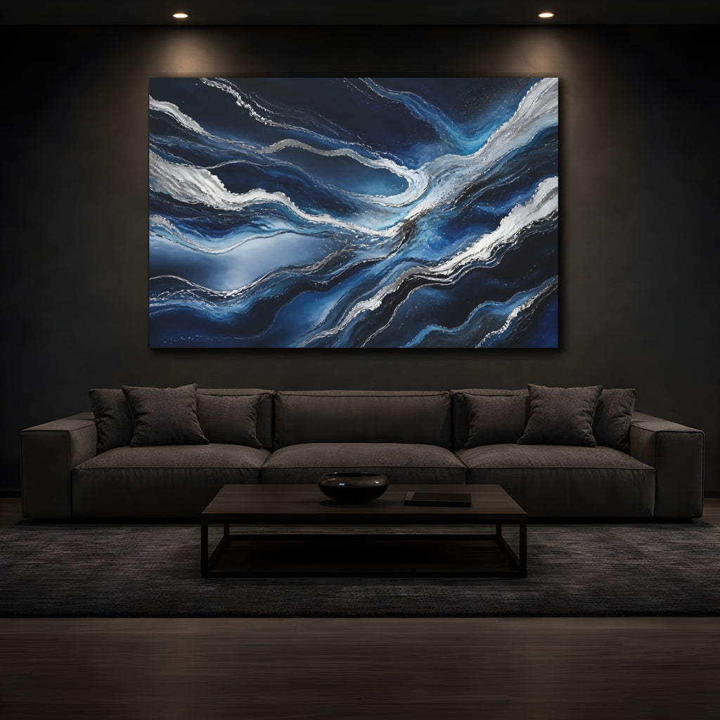 Mockup 3. Abstract Abstract Waves Blue And Silver shown as stretched canvas wall art