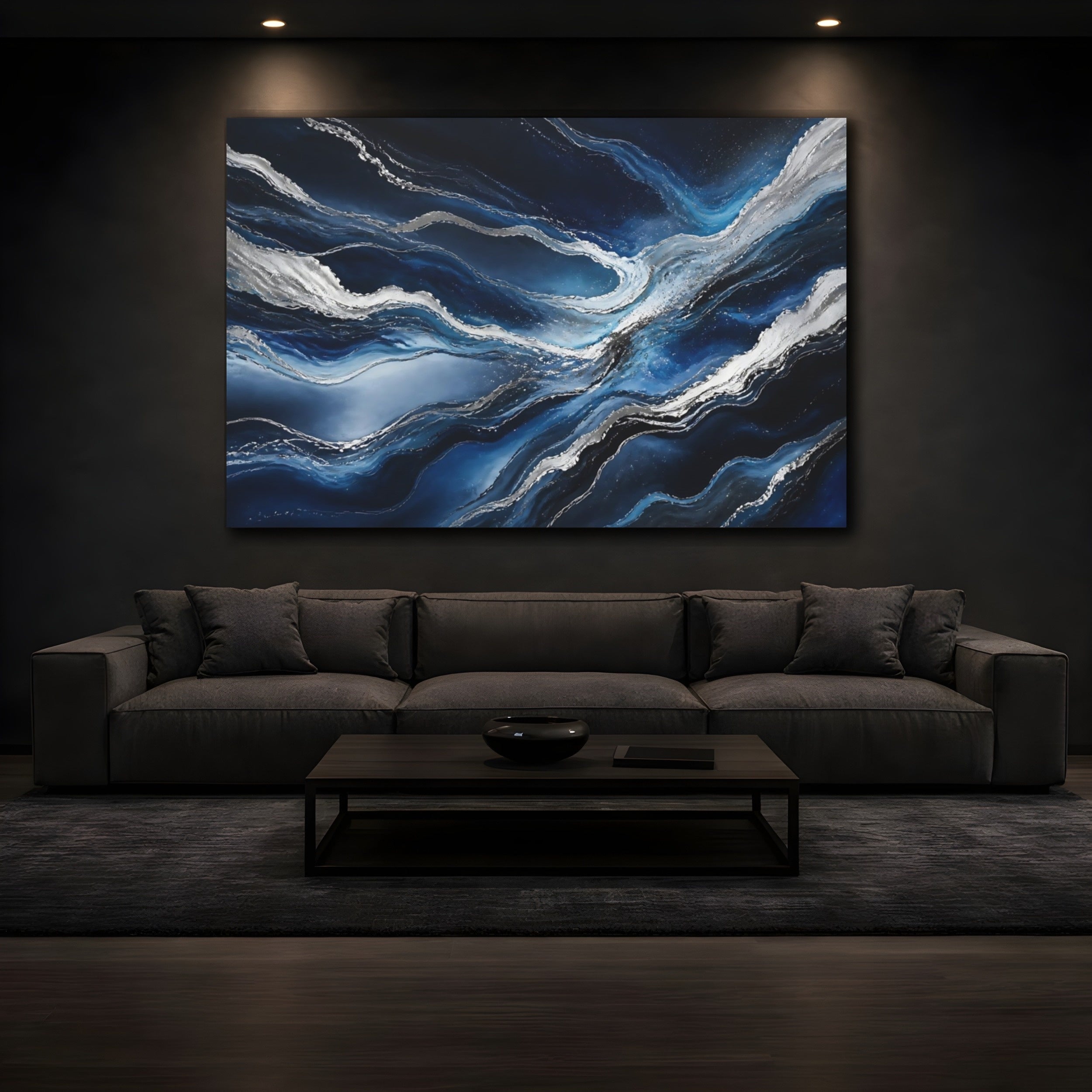 Mockup 3. Abstract Abstract Waves Blue And Silver shown as stretched canvas wall art