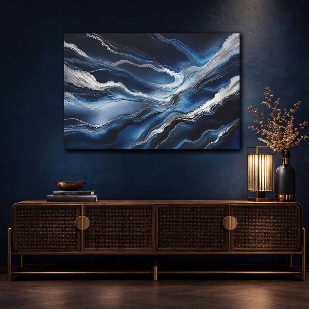 Mockup 4. Abstract Abstract Waves Blue And Silver shown as stretched canvas wall art