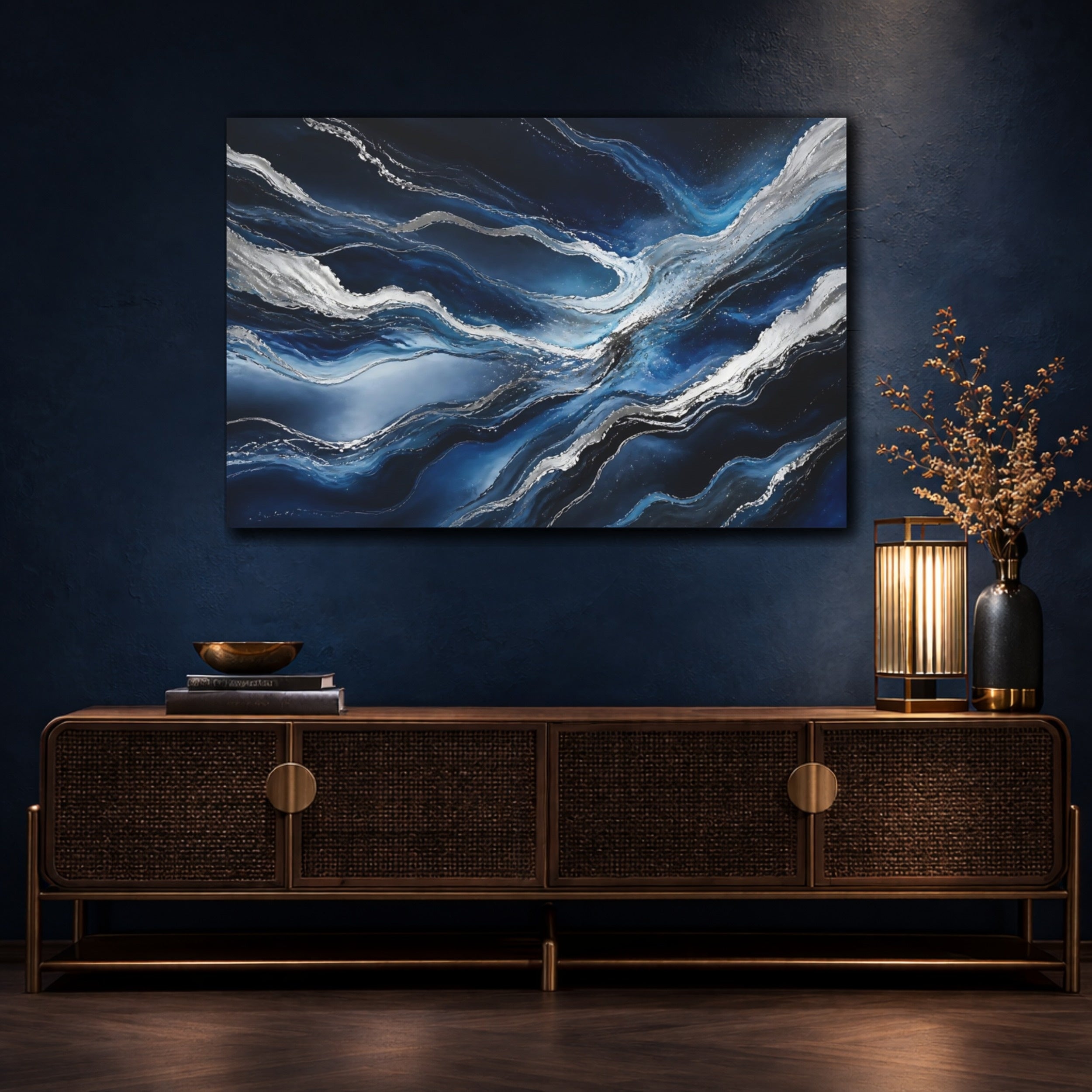 Mockup 4. Abstract Abstract Waves Blue And Silver shown as stretched canvas wall art