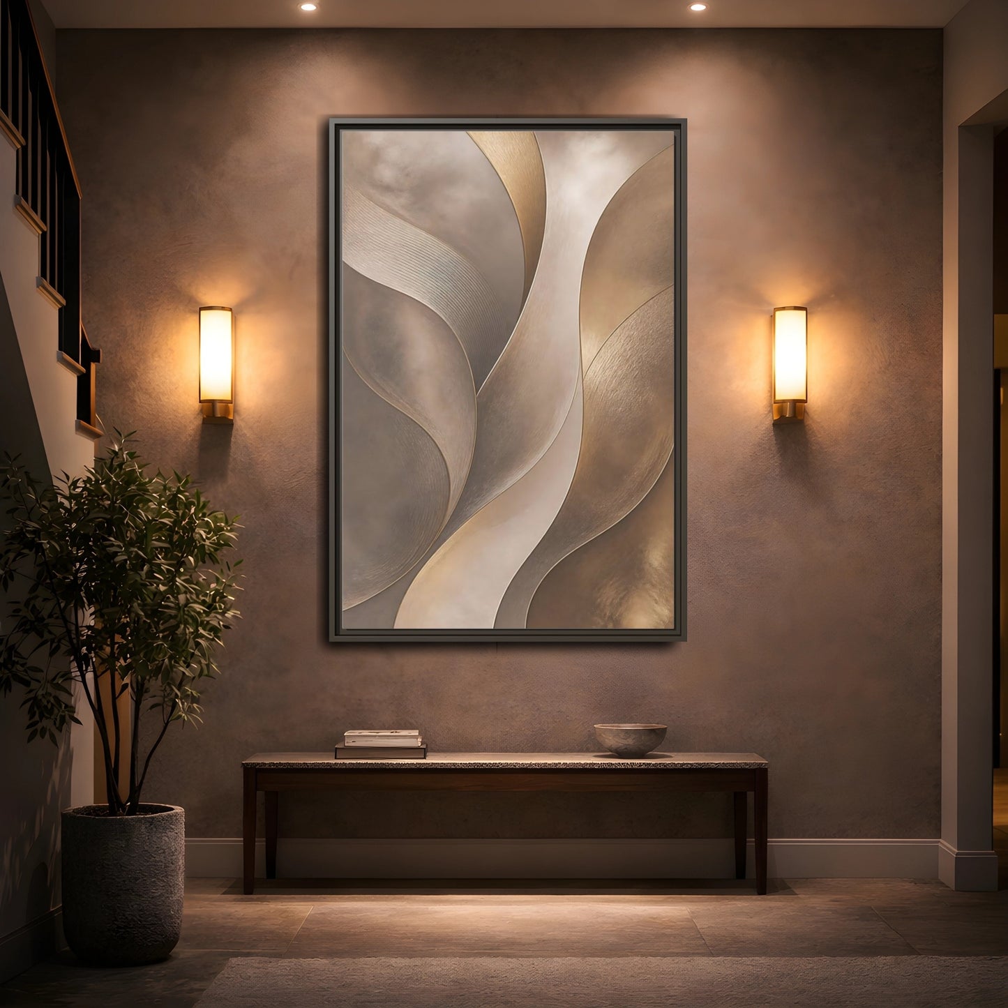 Mockup 2. Abstract Abstract Waves Brown And Gold shown as stretched canvas wall art