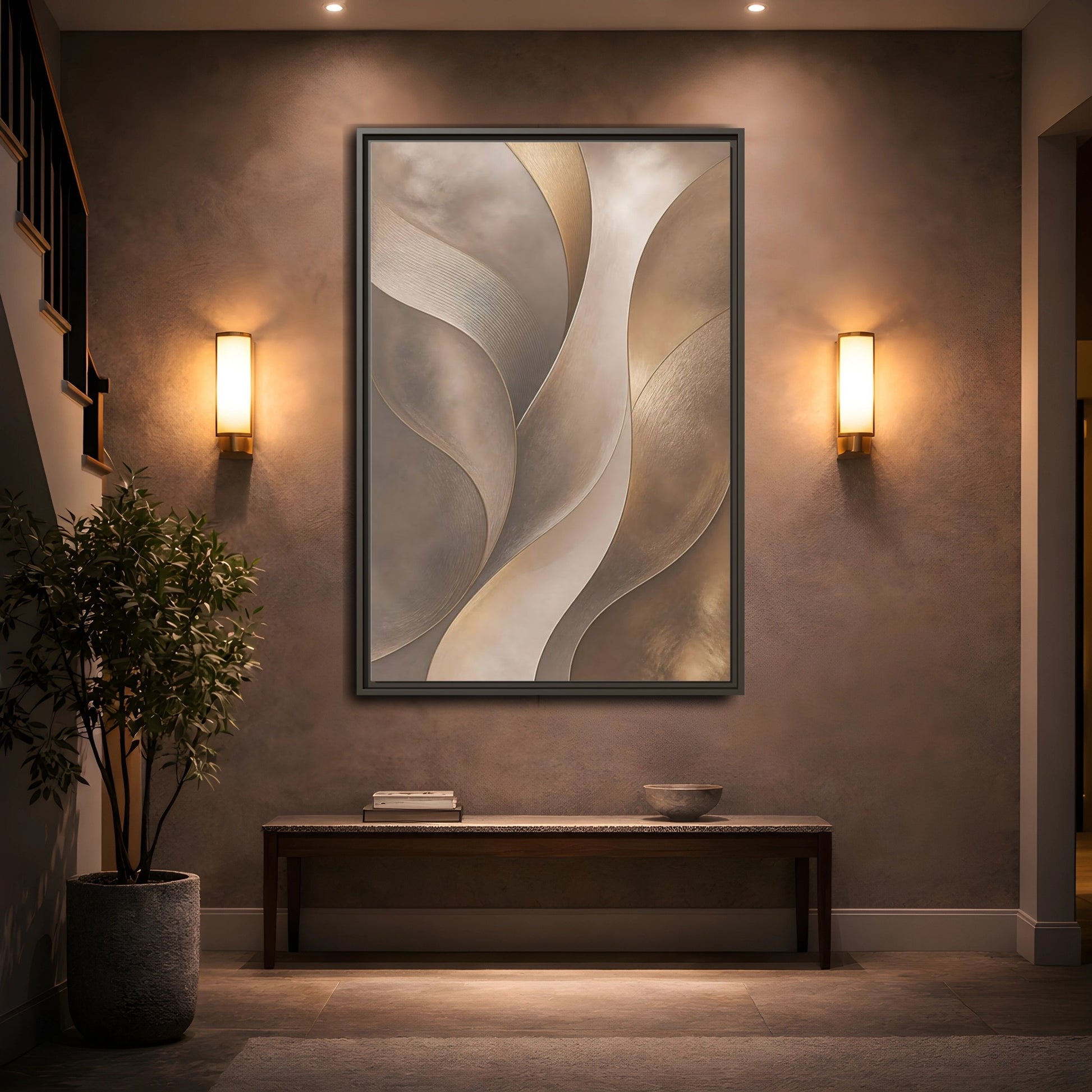 Mockup 2. Abstract Abstract Waves Brown And Gold shown as stretched canvas wall art