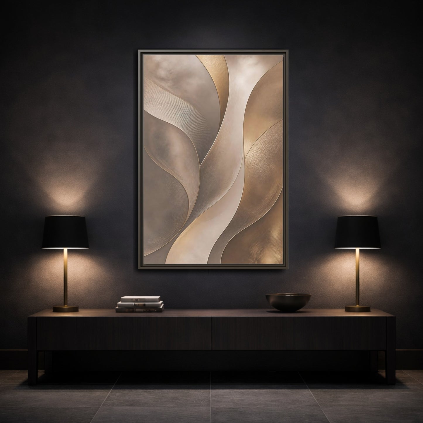Mockup 3. Abstract Abstract Waves Brown And Gold shown as stretched canvas wall art