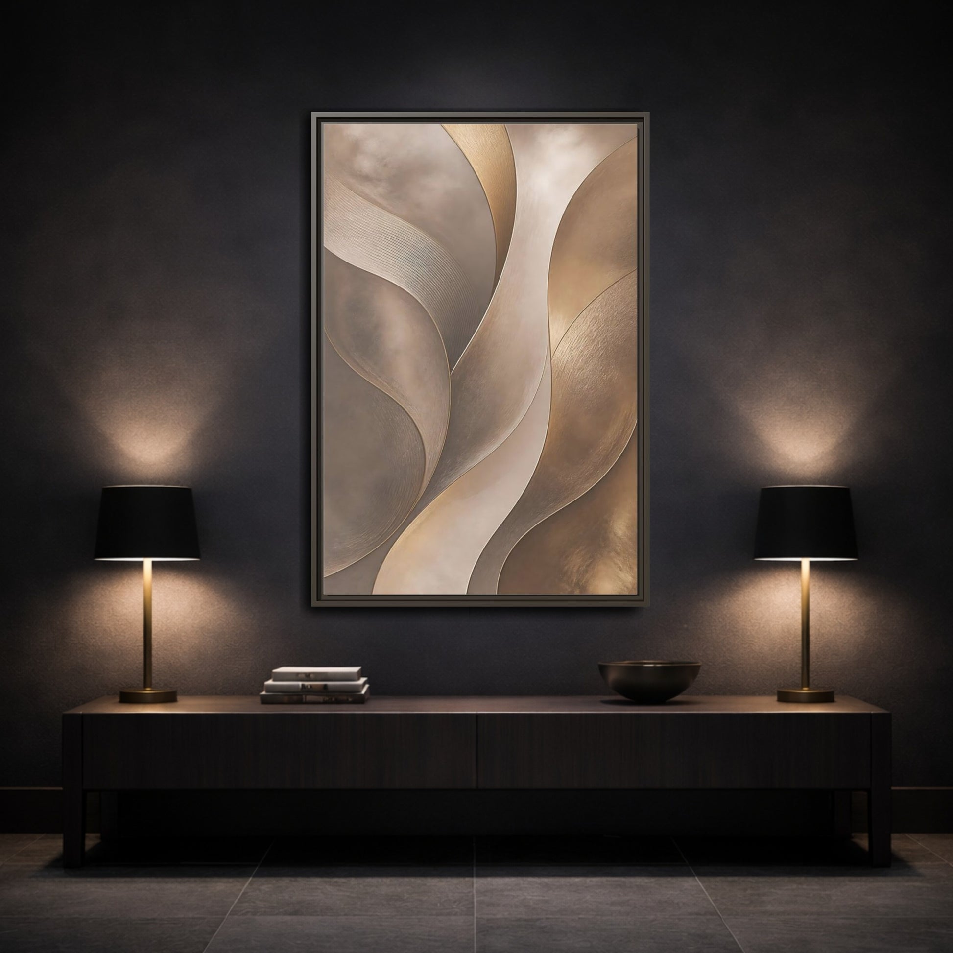 Mockup 3. Abstract Abstract Waves Brown And Gold shown as stretched canvas wall art
