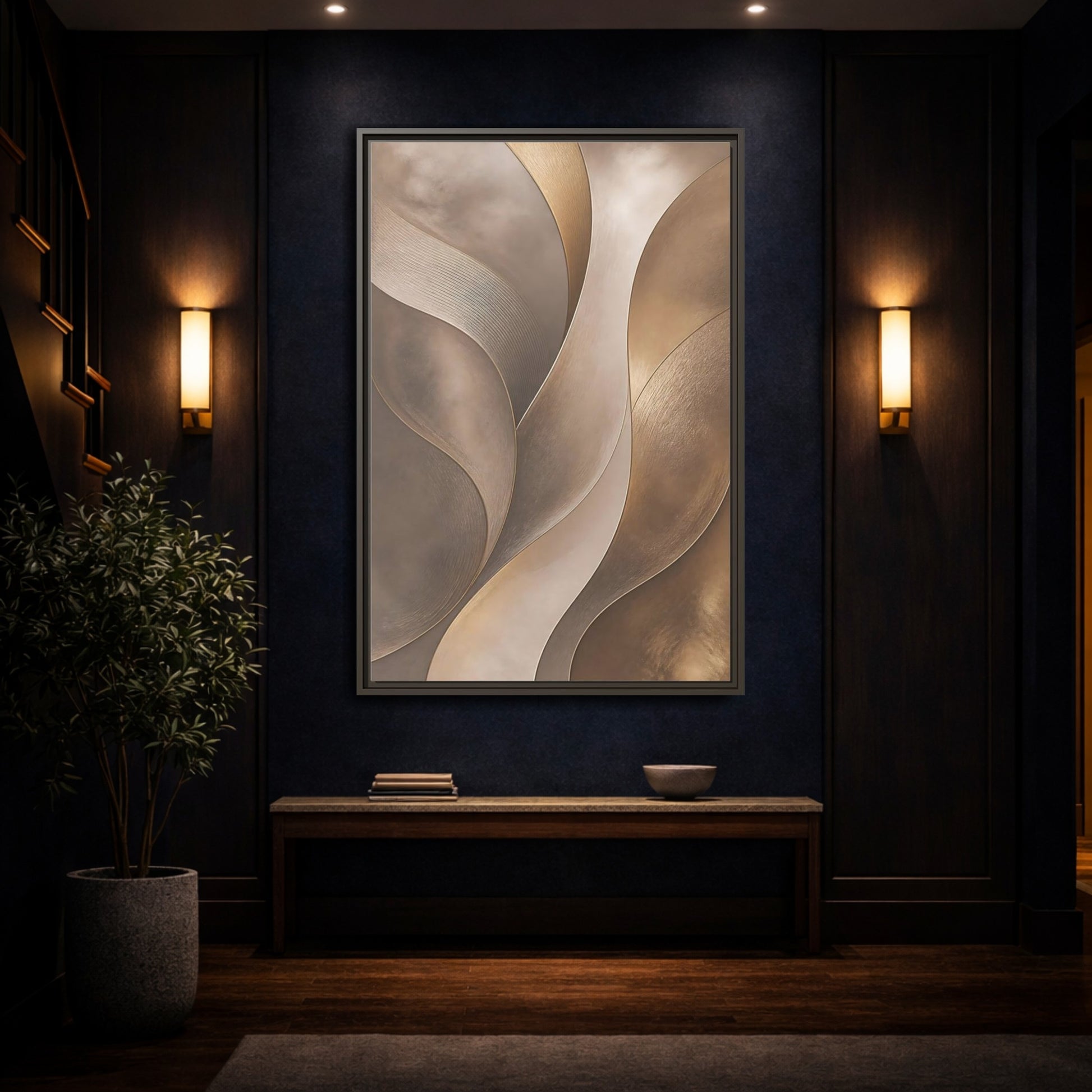 Mockup 4. Abstract Abstract Waves Brown And Gold shown as stretched canvas wall art