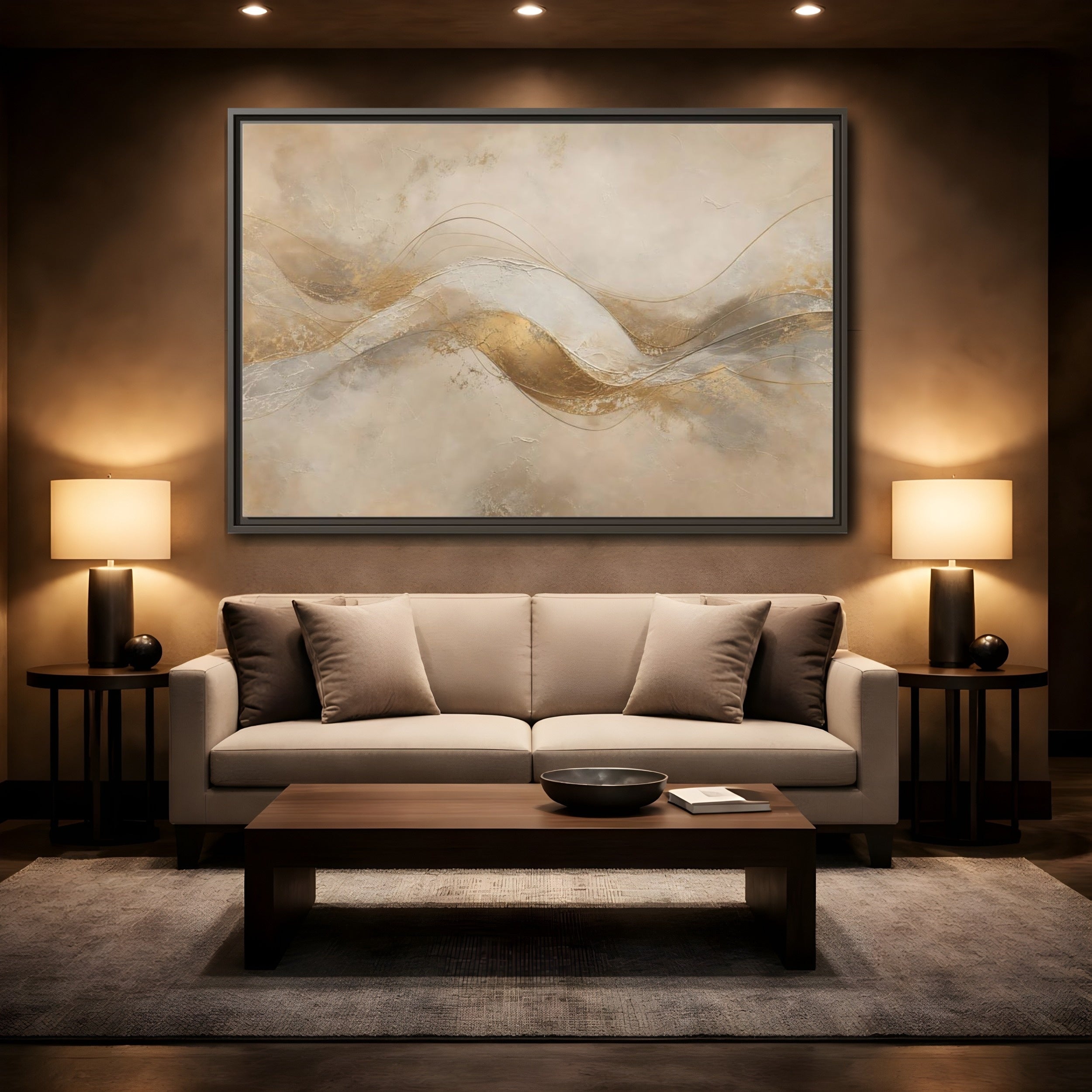 Mockup 2. Abstract Abstract Waves Gold And Beige shown as stretched canvas wall art