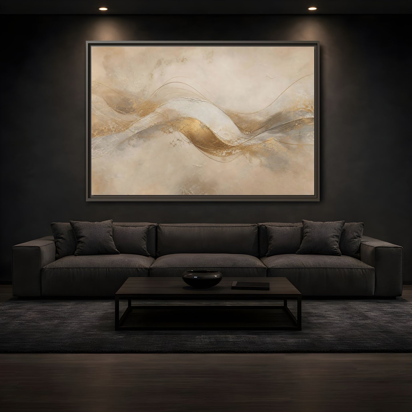 Mockup 3. Abstract Abstract Waves Gold And Beige shown as stretched canvas wall art