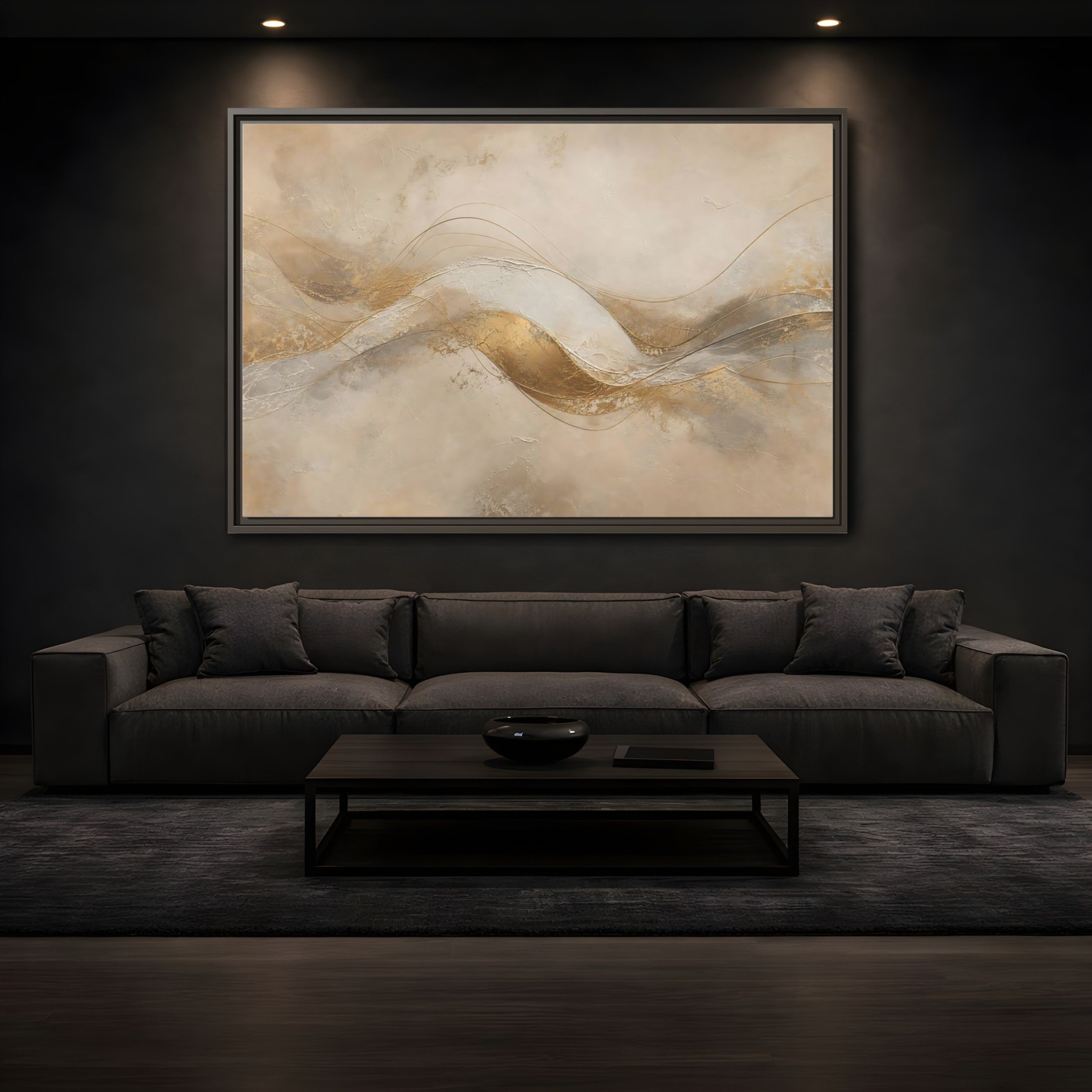 Mockup 3. Abstract Abstract Waves Gold And Beige shown as stretched canvas wall art